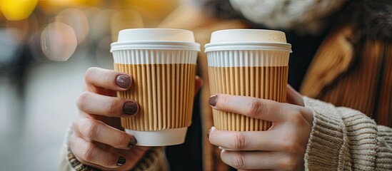 Poster - Hands are shown holding paper cups of coffee in a close-up copy space image.