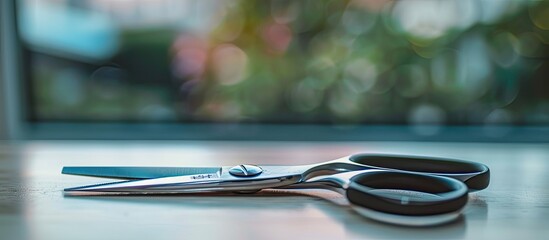 Aufkleber - Stainless steel scissors with a black handle resting on a bright table with a blank space for an image. Copy space image. Place for adding text and design