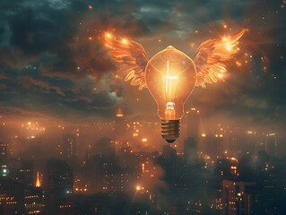 Poster - Soaring Idea Transcends Urban Boundaries with Winged Light Bulb Above Glowing City Skyline