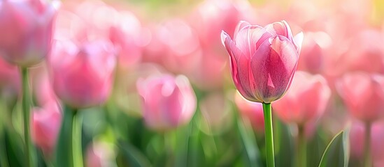 Poster - Close-up image of a luxurious pink tulip in a garden with copy space image.