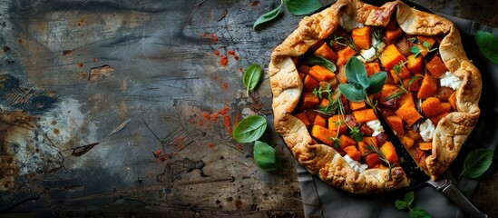 Aufkleber - A pumpkin and ricotta cheese galette pie on a rustic backdrop, perfect for Thanksgiving. Top view with copy space image.