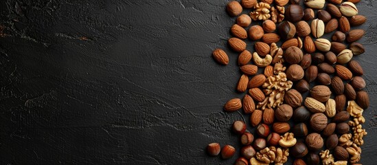 Wall Mural - Various nuts displayed on black backdrop, offering a nutritious snack option. Overhead perspective with room for text or images. Copy space image. Place for adding text and design