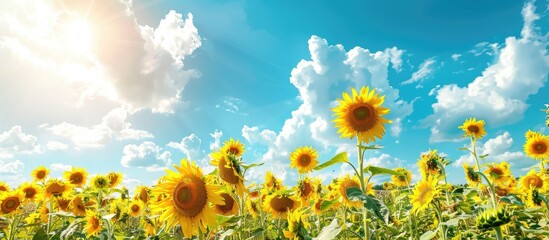 Poster - Vibrant sunflowers in full bloom in a vast field under a bright blue sky with fluffy white clouds, creating a picturesque scene with copy space image.