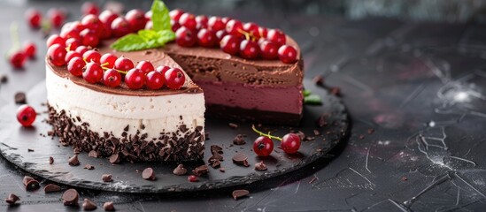 Poster - A no-bake mousse cake with dark chocolate and currant berries with a visually appealing design and copy space image.