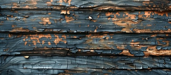 Aufkleber - Soft-focus close-up of weathered wood texture with peeling burnt paint showcasing a copy space image.