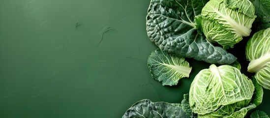 Poster - Top view of fresh white cabbage on a green background, suitable for dietary and vegetarian meals, featuring copy space image.