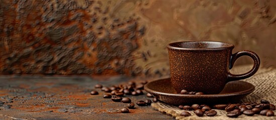 Aufkleber - Brown ceramic mug on saucer on brown background resembling wood, with scattered coffee beans, ideal for text, with copy space image.