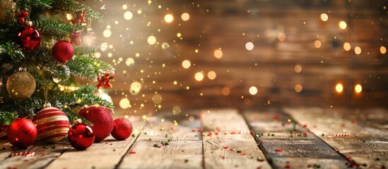 Aufkleber - Festive Christmas tree and decorations on a wooden table create a charming holiday-themed copy space image.