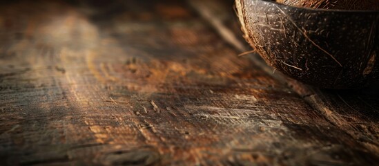 Poster - Dark wooden table adorned with a coconut creating an appealing copy space image.