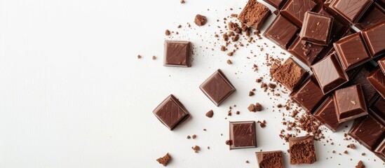 Poster - Cubes of cocoa wafers on white backdrop with room for text, chocolate wafers, and crumbs. Copy space image. Place for adding text and design