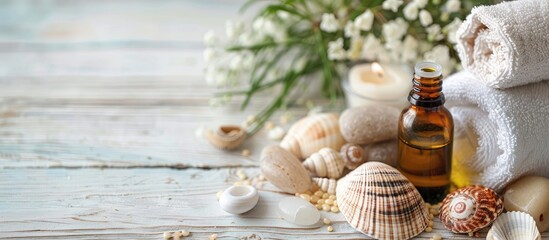 Aufkleber - Close-up macro view of a spa arrangement on a white wooden background, featuring essential oil, stones, shells, candles, and a towel, promoting a serene and relaxing atmosphere, ideal for text banner