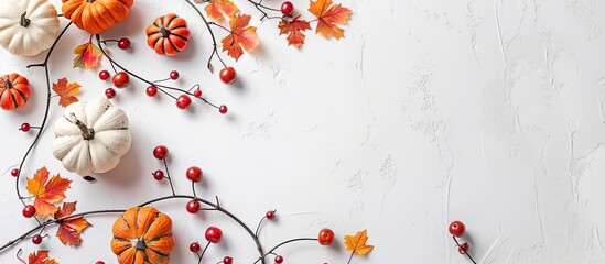 Poster - Festive fall decoration with pumpkins, leaves, and berries on a white rustic backdrop, creating a flat lay design with a blank area for inserting text or images. Copy space image