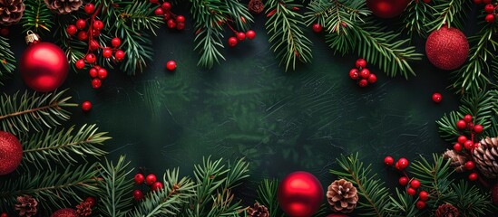 Fototapete - Festive Christmas backdrop adorned with fir branches, red ornaments, and decorations, ideal for adding text or elements with copy space image.