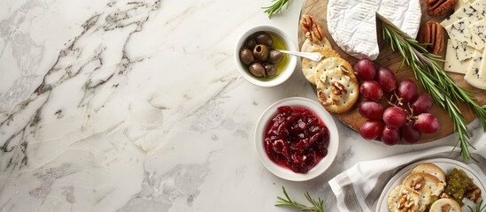 Poster - Top view image featuring a snack board layout on a wooden kitchen table with a Camembert cheese, grapes, chutney, cranberry crackers, pecans, on a light marble background with ample copy space.