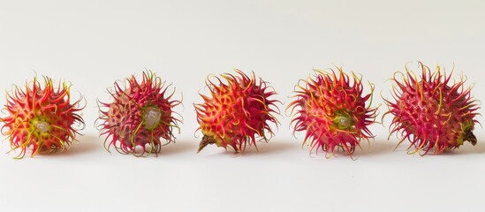 Poster - Five rambutans displayed on a white backdrop with isolated background and copy space image, showcasing this tropical fruit.