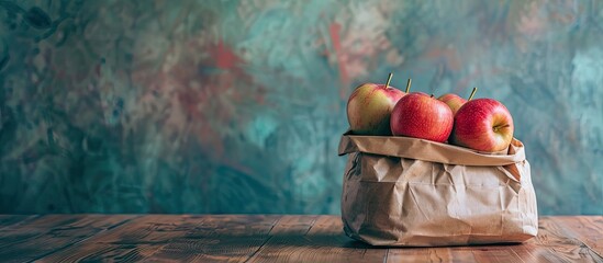 Leinwandbilder - On a kitchen table, there is a paper bag filled with fresh and juicy apples, next to an empty space for text or other content in an image. Copy space image. Place for adding text and design