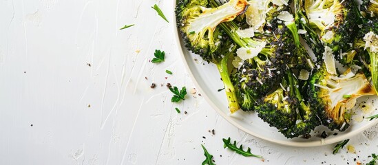 Aufkleber - Roasted broccolini and cabbage topped with crispy Parmesan cheese on a white background in a top-view image with copy space.