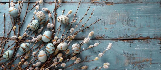 Sticker - Top view of a rustic Easter still life on a wooden background featuring decorated eggs and dry willow branches, with ample copy space image.