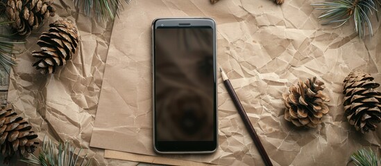 Poster - Top view of a smartphone, pencil, and dry pine cones on a brown paper surface with room for text or images. Copy space image. Place for adding text and design