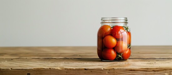 Poster - Wooden table with a glass jar of pickled tomatoes against a white background, providing ample space for text alongside the image.