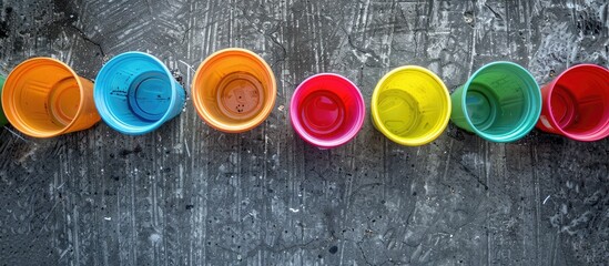 Poster - Colorful plastic cups arranged on a gray stone surface highlighting plastic pollution in a trendy copy space image.