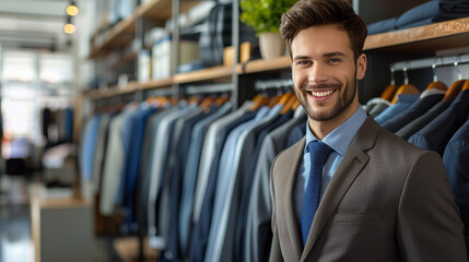 A young man in a suit smiling in a high-end fashion store, surrounded by neatly arranged clothes and racks.
