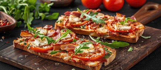 Poster - Variation of quick pizza on toasted bread with tomato, bacon, mozzarella, and arugula; ideal for fast food, copy space image.