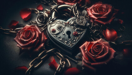 Gothic romance Close-up of a heart-shaped lock with chains and roses symbolizing love and passion, set against a dark and moody background