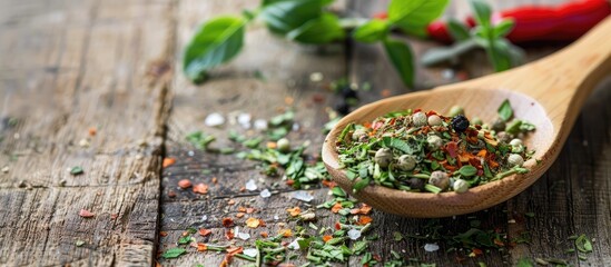 Aufkleber - Wooden spoon holding food herb seasoning as a kitchen ingredient on a wooden table with copy space image.