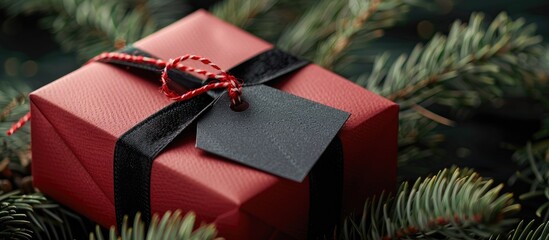 Poster - Festive Christmas and New Year gift box with tag, adorned in red and black hues, accompanied by fir branches, embodies the essence of the holiday season, celebration, and winter. Ideal for a copy