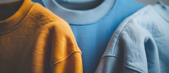 Poster - Close-up of two sweatshirts in blue and ochre colors with copy space image.