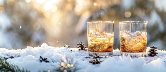 Wall Mural - A close-up image of two glasses of clear alcoholic beverages on snow-covered wood outdoors, with a background of winter scenery, ideal for a party or holiday celebration with copy space.