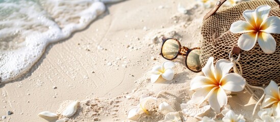 Poster - Summer-themed copy space image with sunglasses, white plumeria flowers, and a mesh beach bag placed on the sand.