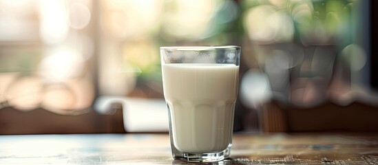 Aufkleber - Close-up of a glass of milk on a table, with a focus on natural product and health nutrition concepts in the copy space image.