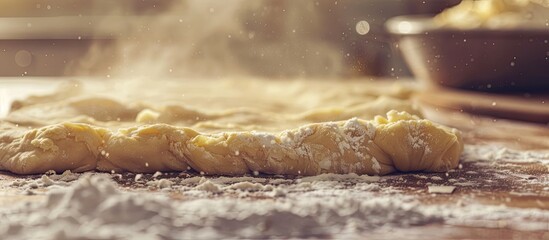 Poster - Close-up of raw pastry dough on a kitchen table, with ample copy space image.