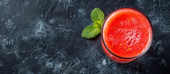 Aufkleber - Top view of a glass of watermelon smoothie on a dark table with ample copy space image.