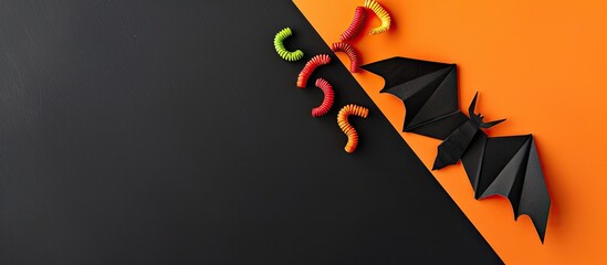 Sticker - Colorful worms and a paper bat on an orange and black background with copy space image.