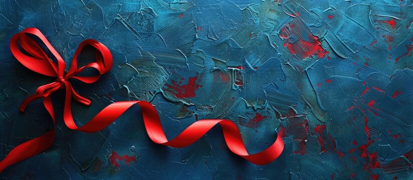 An enticing holiday-themed graphic with a red ribbon curling on a blue backdrop, perfect for a card or as a backdrop, like a computer wallpaper or mobile screensaver, with copy space image.