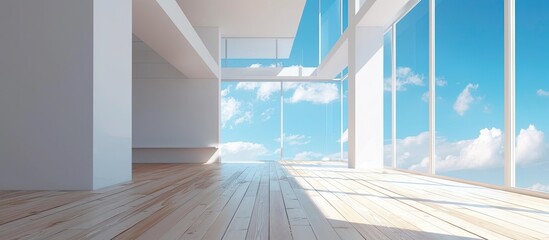 Poster - Modern architecture with a beautiful wooden floor, white walls, and windows offering a view of the blue sky. Ideal for a copy space image.