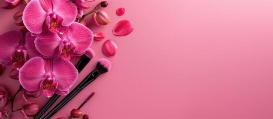 Poster - Pink background with makeup tools displayed alongside an elegant orchid flower, creating a visually pleasing copy space image.