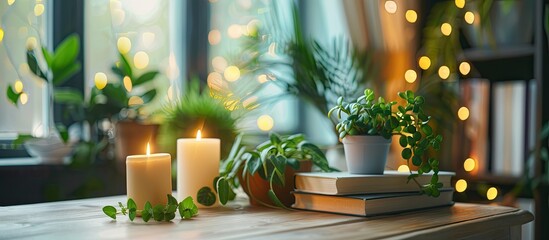 Aufkleber - Table adorned with green houseplants, aromatic candles, and books on it with a light background for a cozy setting and a copy space image.