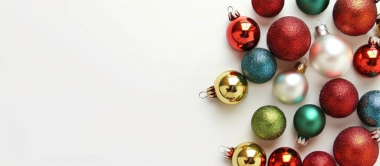 Poster - A white background with space for text highlights Christmas ornaments. (79 characters). Copy space image. Place for adding text and design