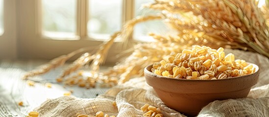 Aufkleber - A clay bowl filled with corn pads sits on a light white backdrop, surrounded by healthy cereals for breakfast, with available space for additional images.