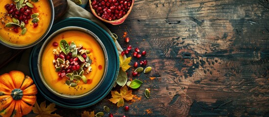 Poster - Flat lay with a spicy pumpkin soup topped with pumpkin seeds and pomegranate, perfect for copy space image.