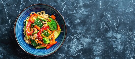 Sticker - Asian dish featuring udon noodles and an array of vegetables like zucchini, broccoli, red bell pepper, mushrooms, carrot, and spring onion, garnished with sesame seeds. Presented in a blue bowl with