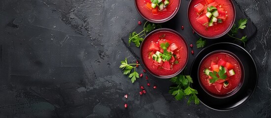Poster - Traditional watermelon gazpacho, a refreshing Spanish cold soup with fresh vegetables and greens, set against a black stone concrete background providing ample space for additional content.