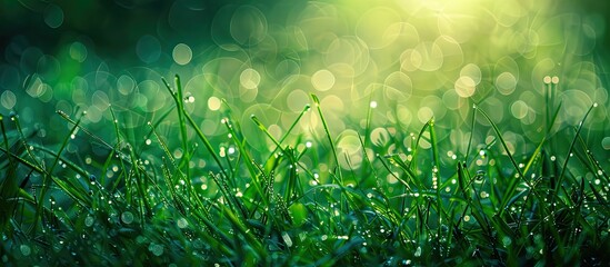 Poster - Close-up image showcasing dew drops on green meadow grass, depicting nature's purity and freshness with ample copy space included.