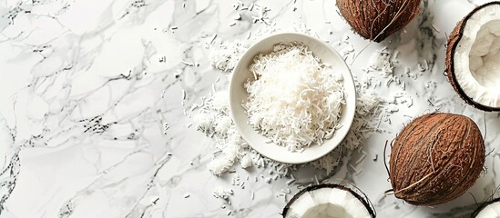 Aufkleber - White marble background with copy space image featuring coconut halves and freshly grated flakes in a white bowl. Angle view included.