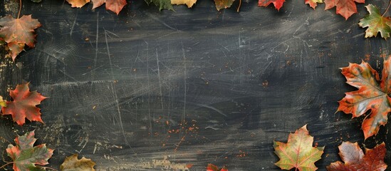 Wall Mural - Wood chalkboard background with autumn leaves; ideal for copy space image.