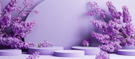 Fototapete - Lilac background with blooming branch and decorative podiums offering copy space image.